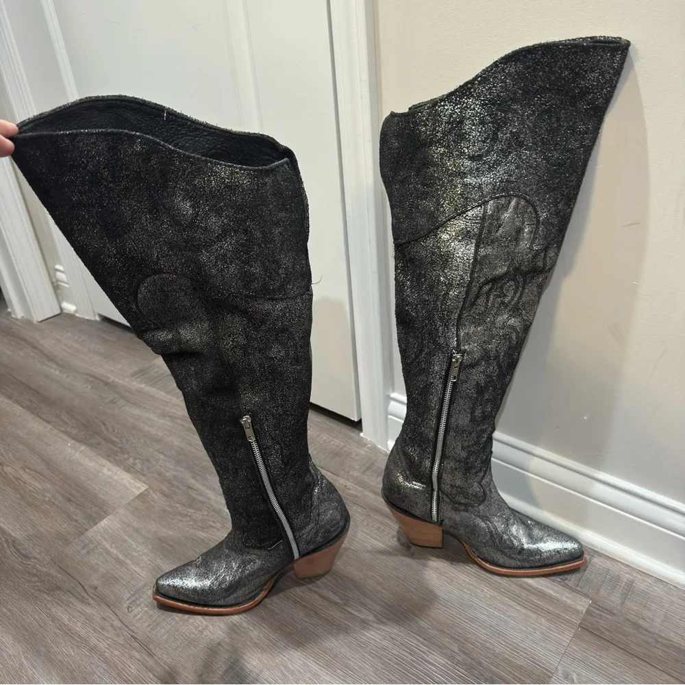 Corral Boots Metallic Tall OTK Silver Black Suede Leather Western Boots Z5245